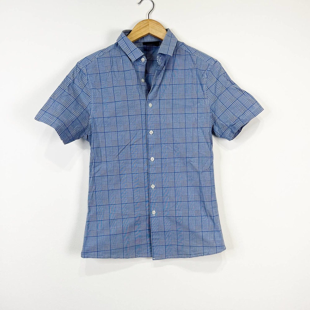 ASOS mens slim blue and white plaid short sleeve button down shirt Size Small